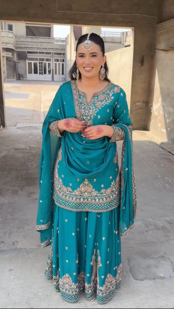 Sky Blue Color Thread With Sequins Work Georgette Sharara Suit