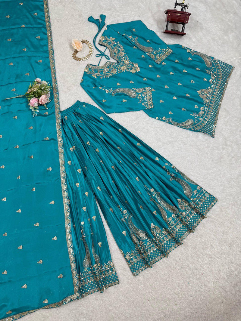 Sky Blue Color Thread With Sequins Work Georgette Sharara Suit