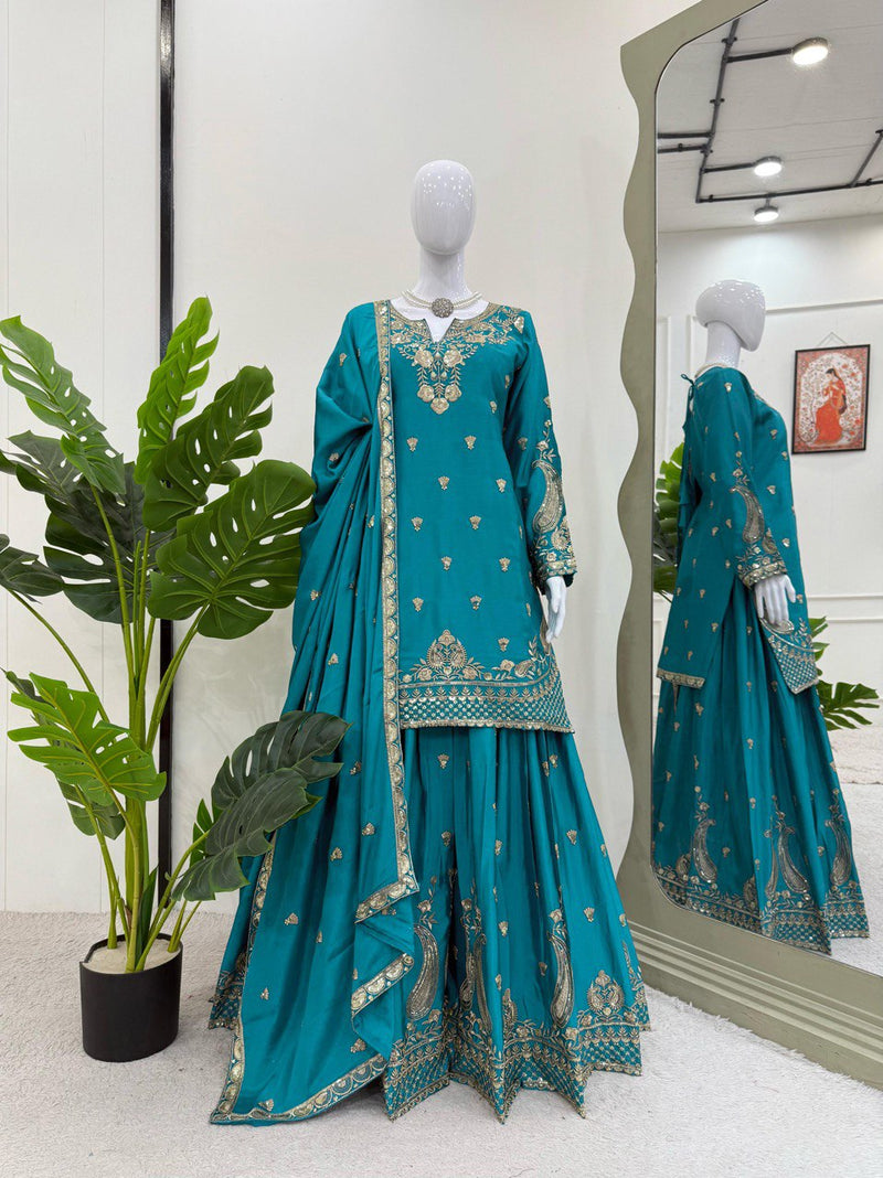 Sky Blue Color Thread With Sequins Work Georgette Sharara Suit