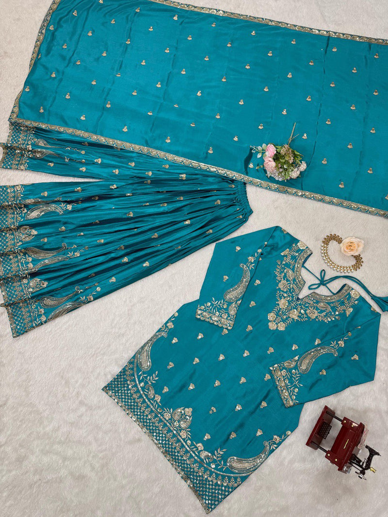 Sky Blue Color Thread With Sequins Work Georgette Sharara Suit