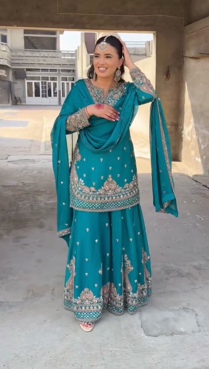 Sky Blue Color Thread With Sequins Work Georgette Sharara Suit