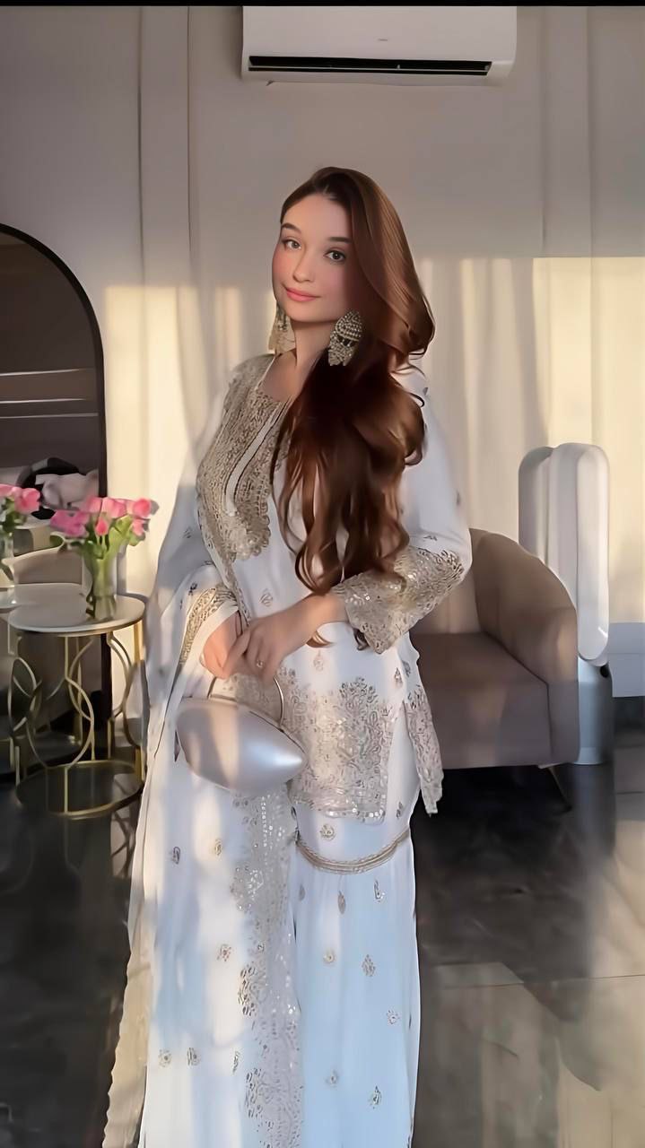 White Color Embroidery With Sequins Work  Sharara Suit