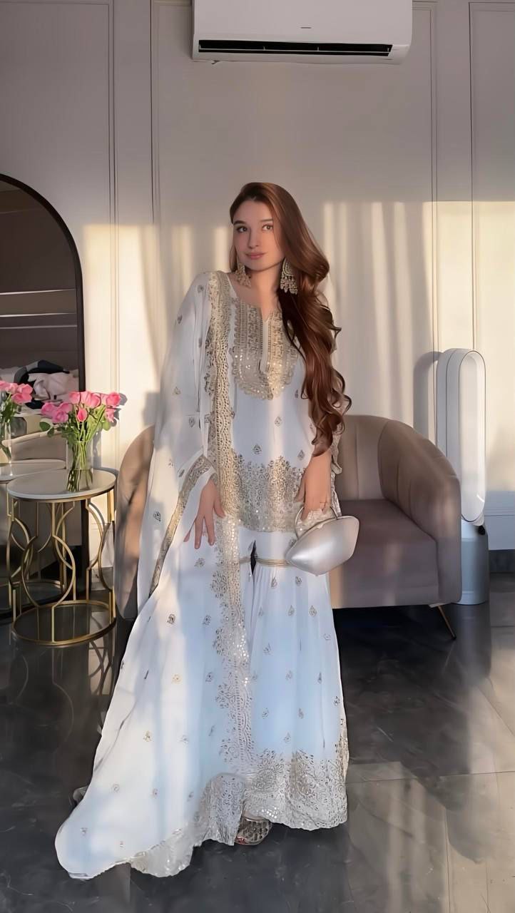 White Color Embroidery With Sequins Work  Sharara Suit