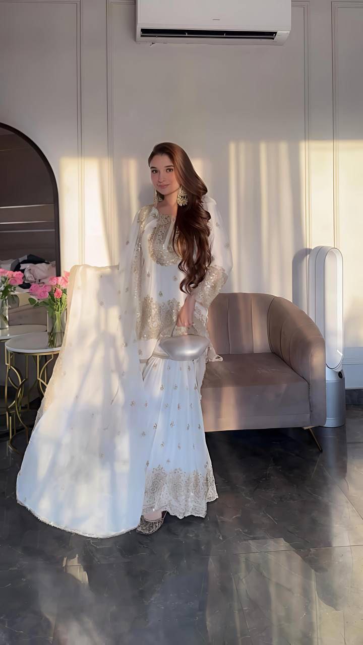 White Color Embroidery With Sequins Work  Sharara Suit