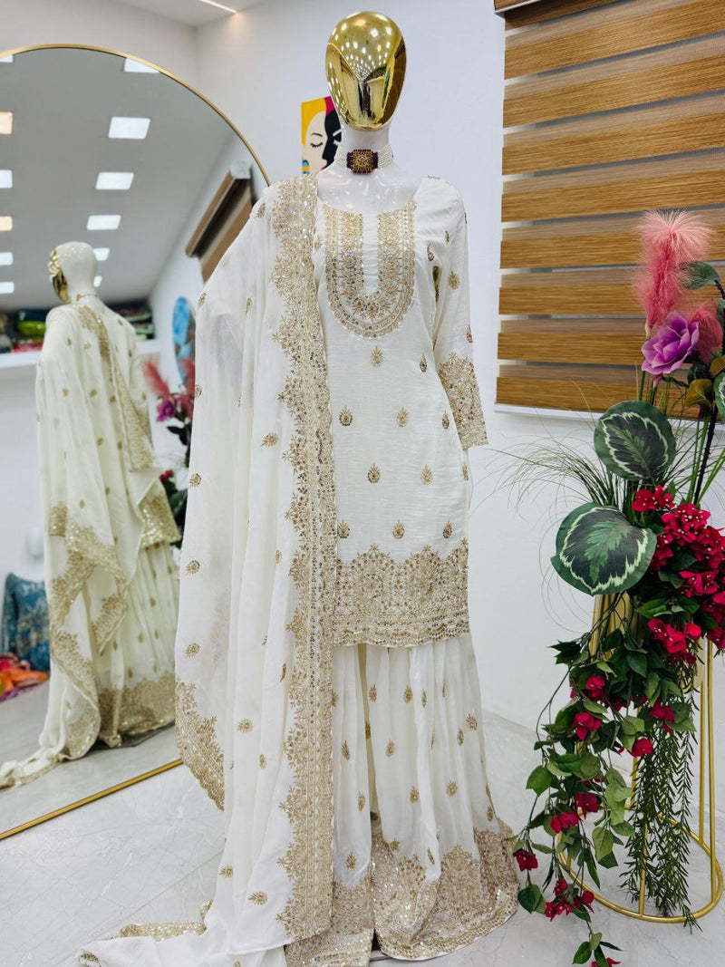 White Color Embroidery With Sequins Work  Sharara Suit