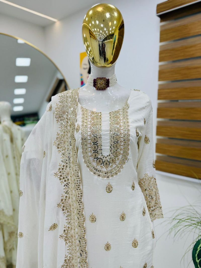 White Color Embroidery With Sequins Work  Sharara Suit