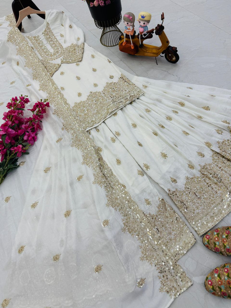 White Color Embroidery With Sequins Work  Sharara Suit