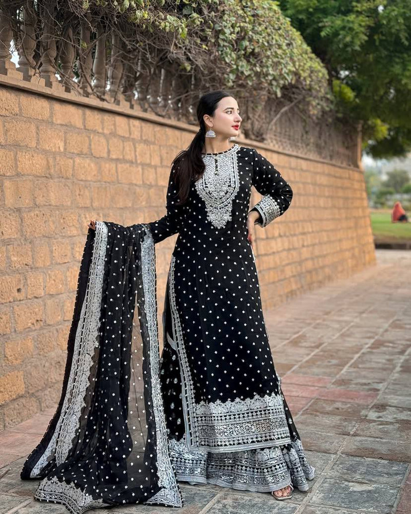 Black Color Embroidery And Coding Work Sharara Suit