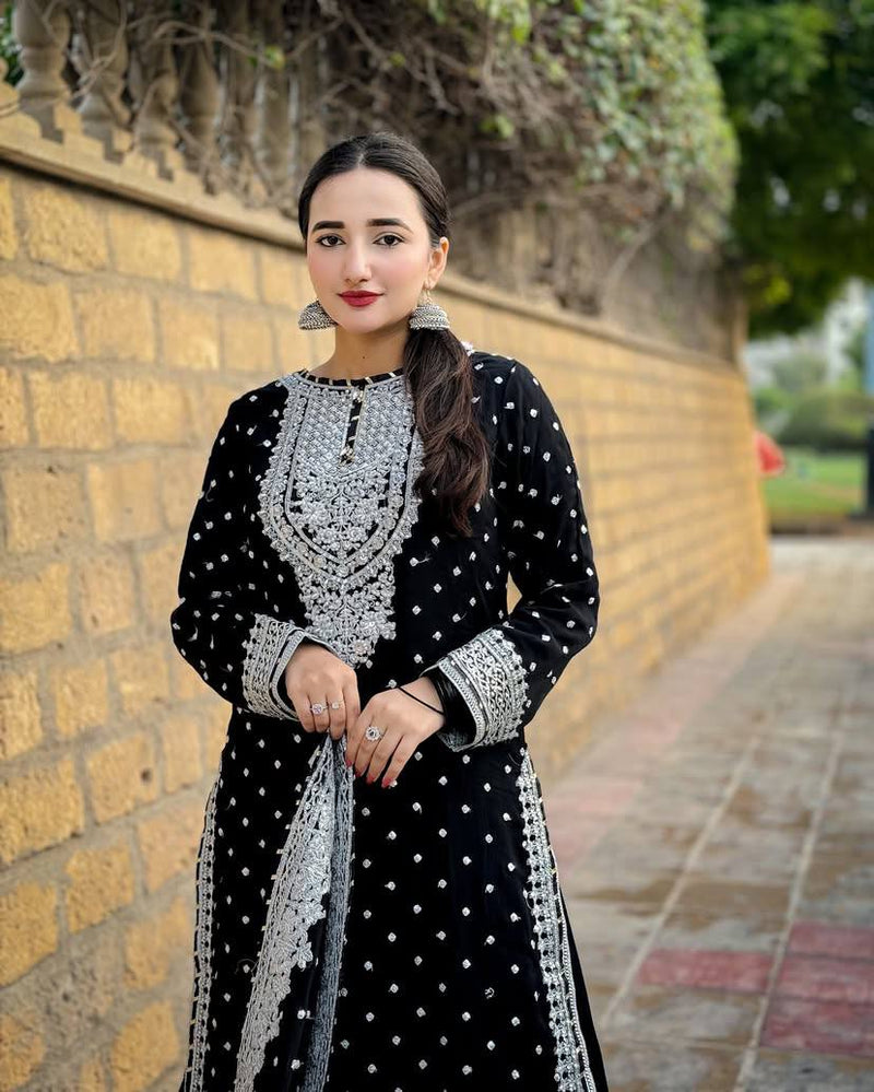 Black Color Embroidery And Coding Work Sharara Suit