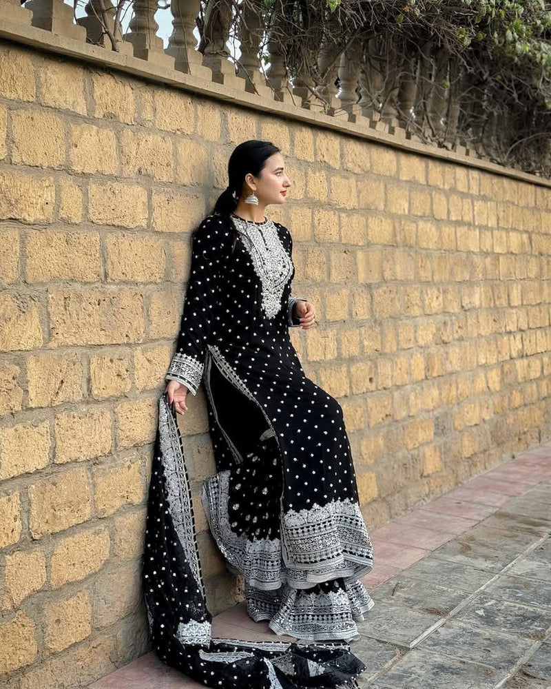 Black Color Embroidery And Coding Work Sharara Suit