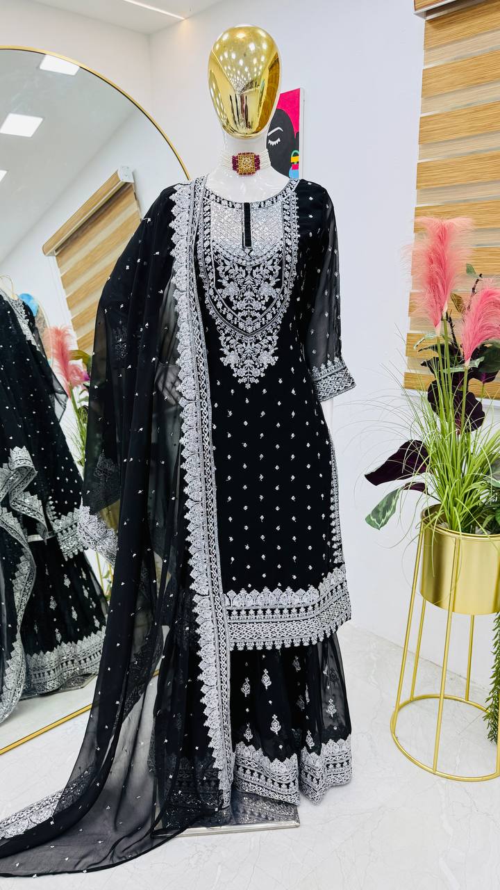 Black Color Embroidery And Coding Work Sharara Suit