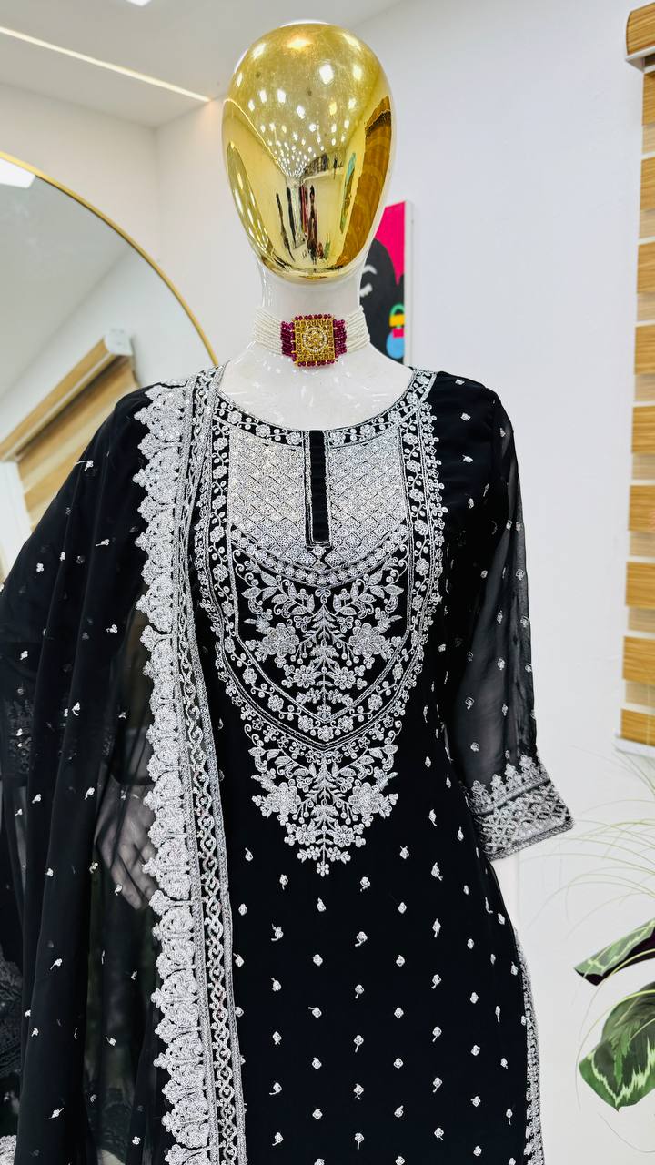 Black Color Embroidery And Coding Work Sharara Suit