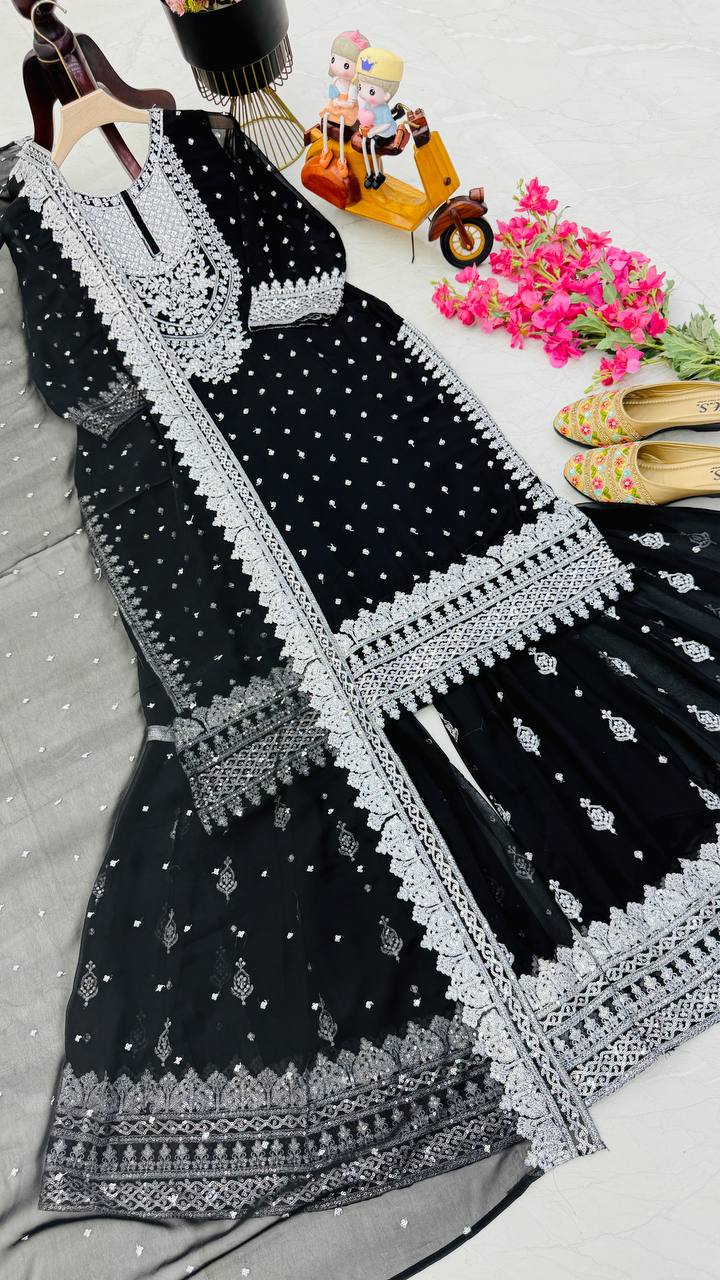 Black Color Embroidery And Coding Work Sharara Suit