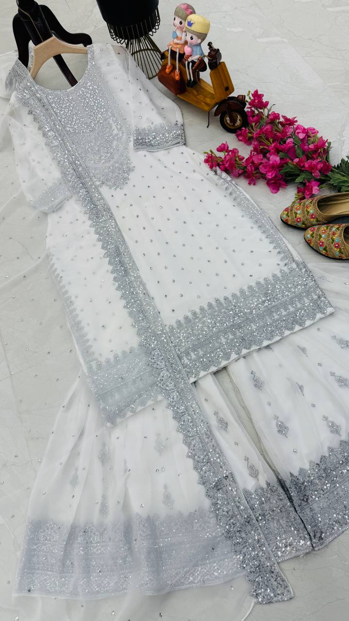 White Color Embroidery And Coding Work Sharara Suit