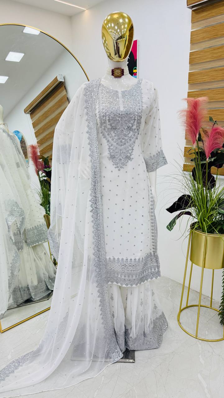 White Color Embroidery And Coding Work Sharara Suit