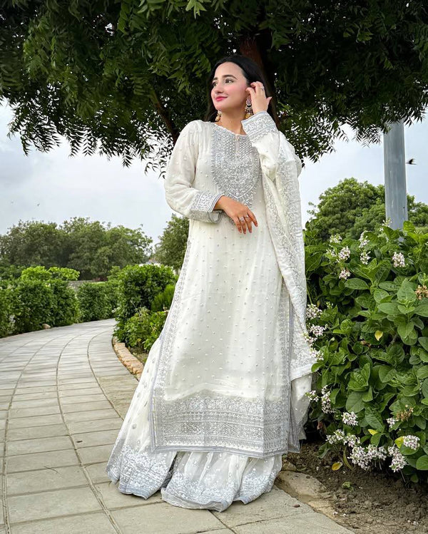 White Color Embroidery And Coding Work Sharara Suit