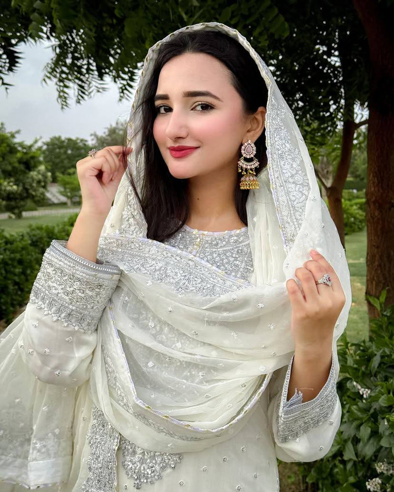 White Color Embroidery And Coding Work Sharara Suit