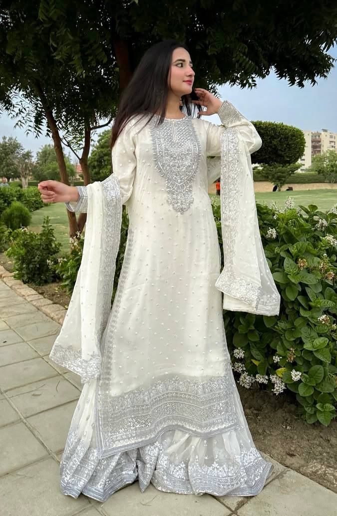 White Color Embroidery And Coding Work Sharara Suit