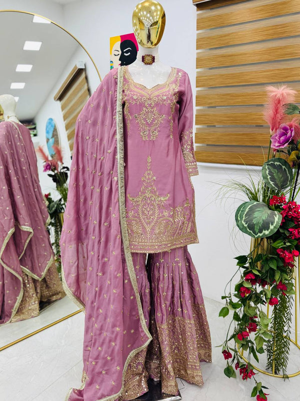 Light Purple Color Embroidery With Sequins Work Sharara Suit