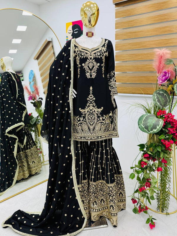 Black Color Embroidery With Sequins Work Sharara Suit