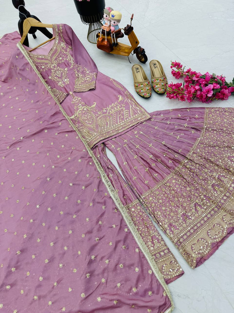 Light Purple Color Embroidery With Sequins Work Sharara Suit