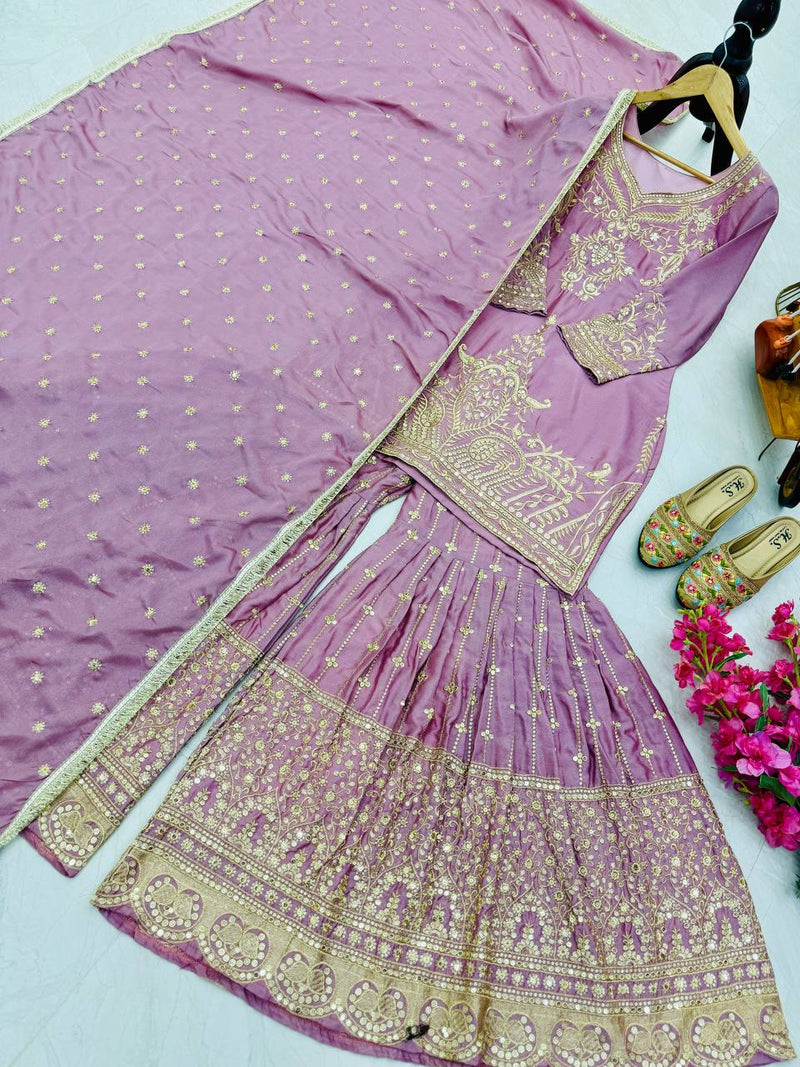 Light Purple Color Embroidery With Sequins Work Sharara Suit