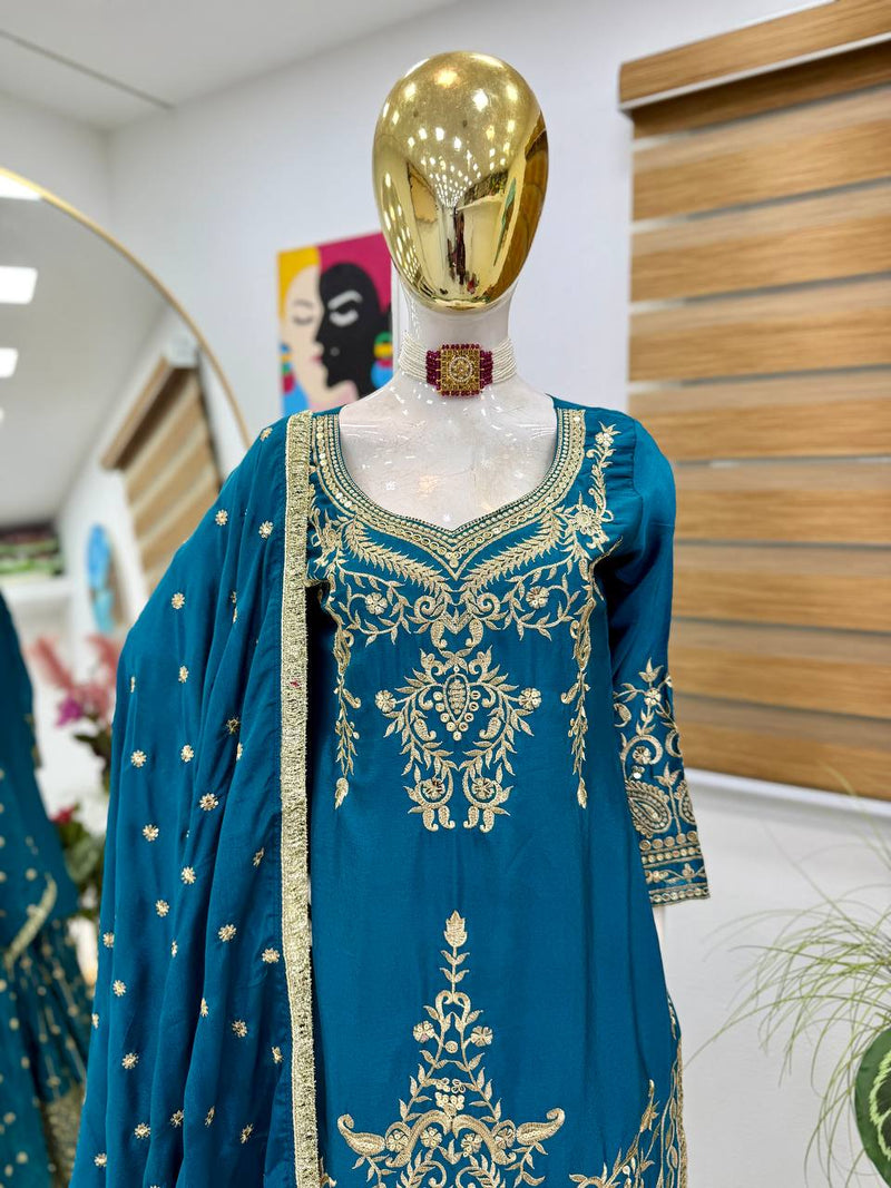 Royal Blue Color Embroidery With Sequins Work Sharara Suit