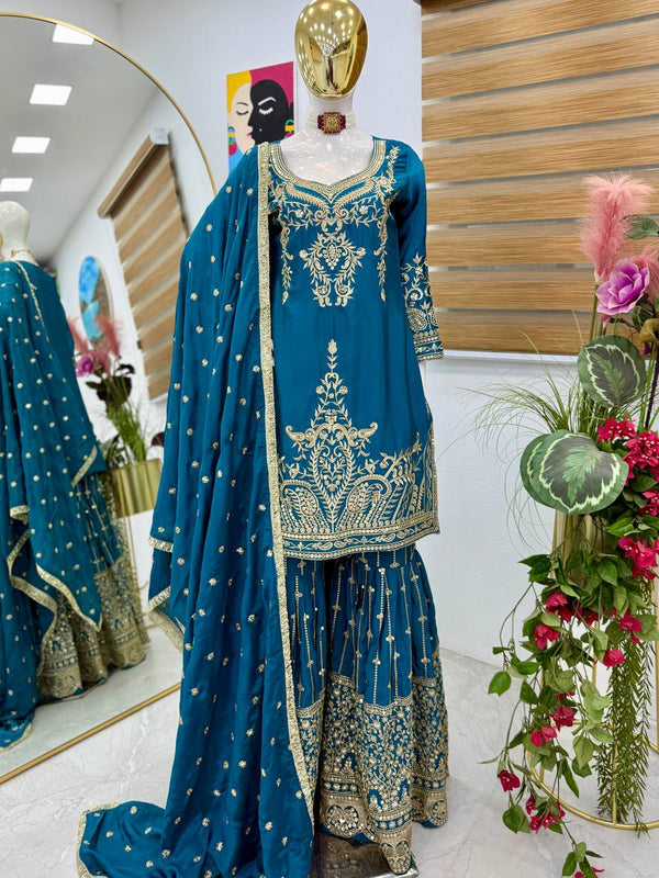 Royal Blue Color Embroidery With Sequins Work Sharara Suit