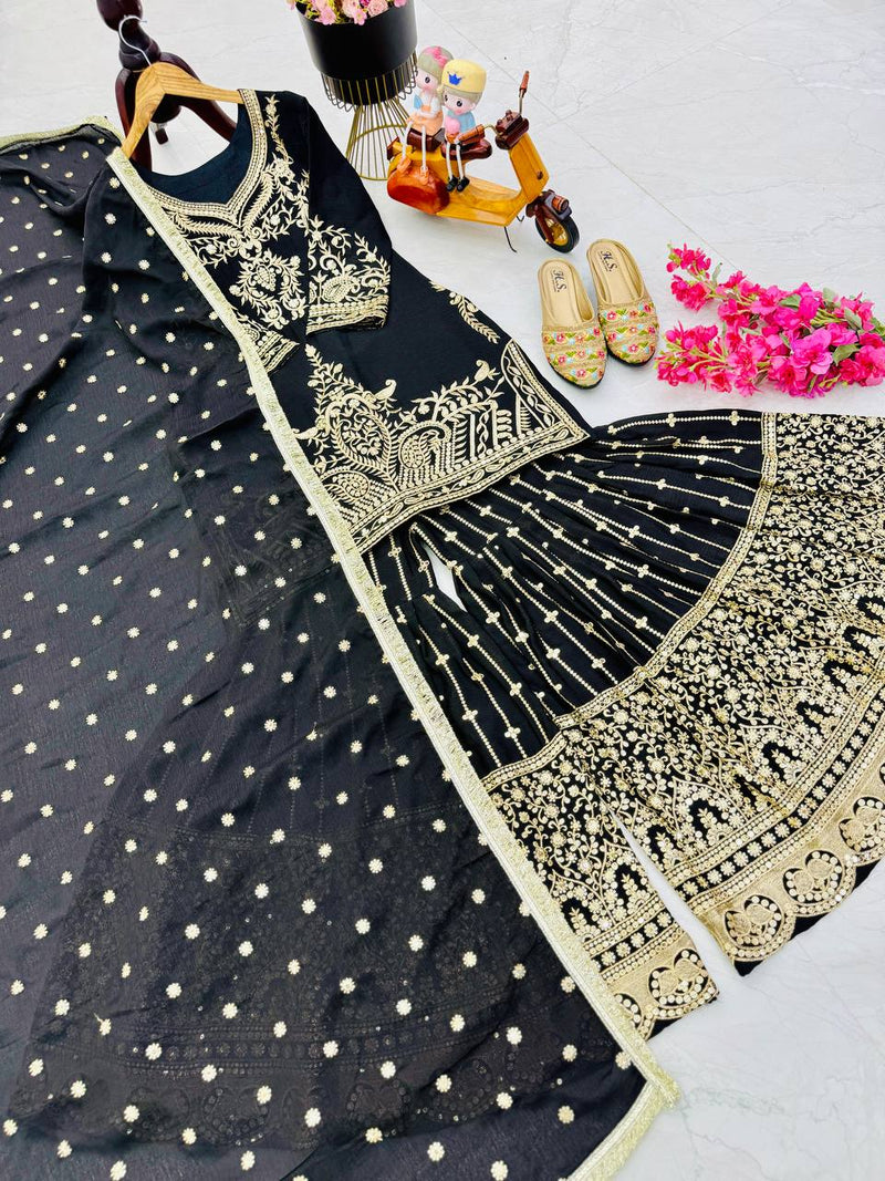 Black Color Embroidery With Sequins Work Sharara Suit