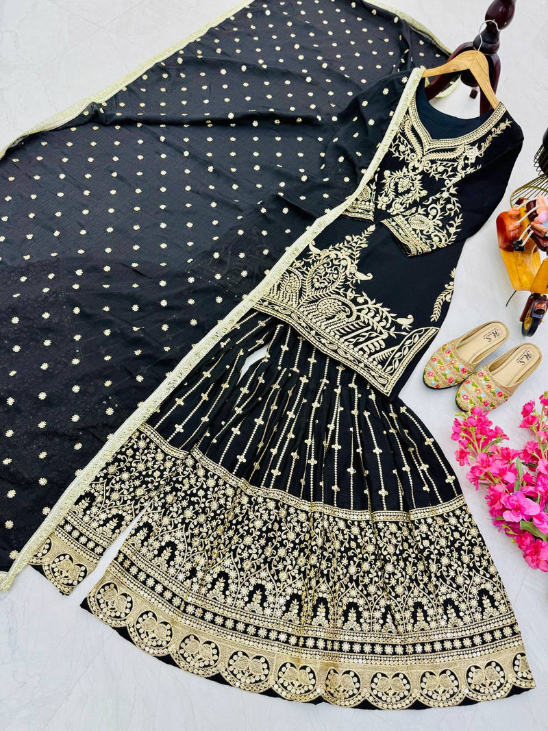 Black Color Embroidery With Sequins Work Sharara Suit