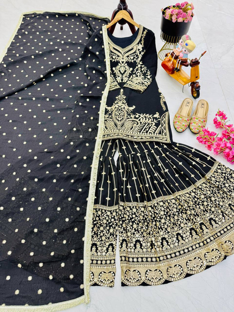 Black Color Embroidery With Sequins Work Sharara Suit