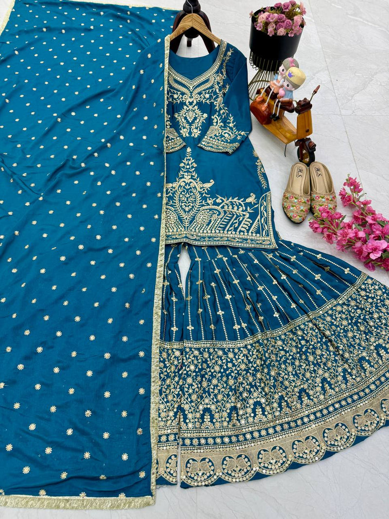Royal Blue Color Embroidery With Sequins Work Sharara Suit