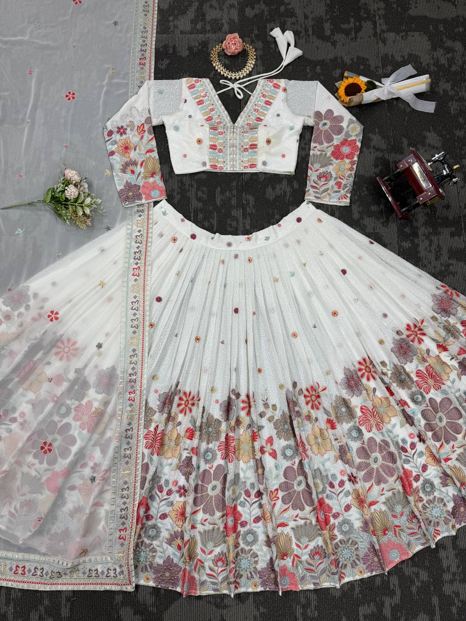 White Color Heavy Sequins Embroidered Designer Trendy Lehenga Choli