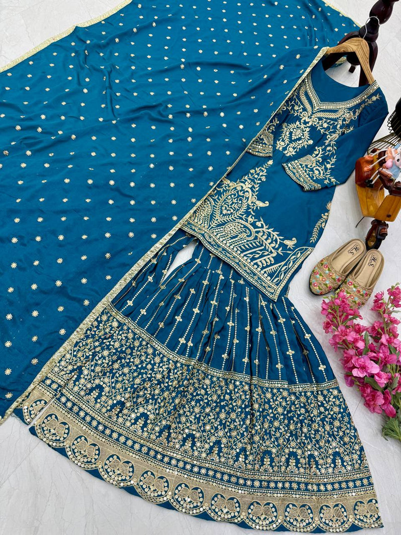 Royal Blue Color Embroidery With Sequins Work Sharara Suit