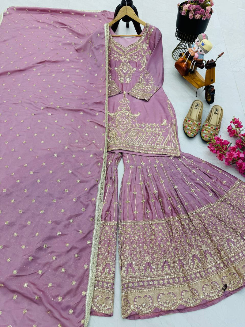 Light Purple Color Embroidery With Sequins Work Sharara Suit