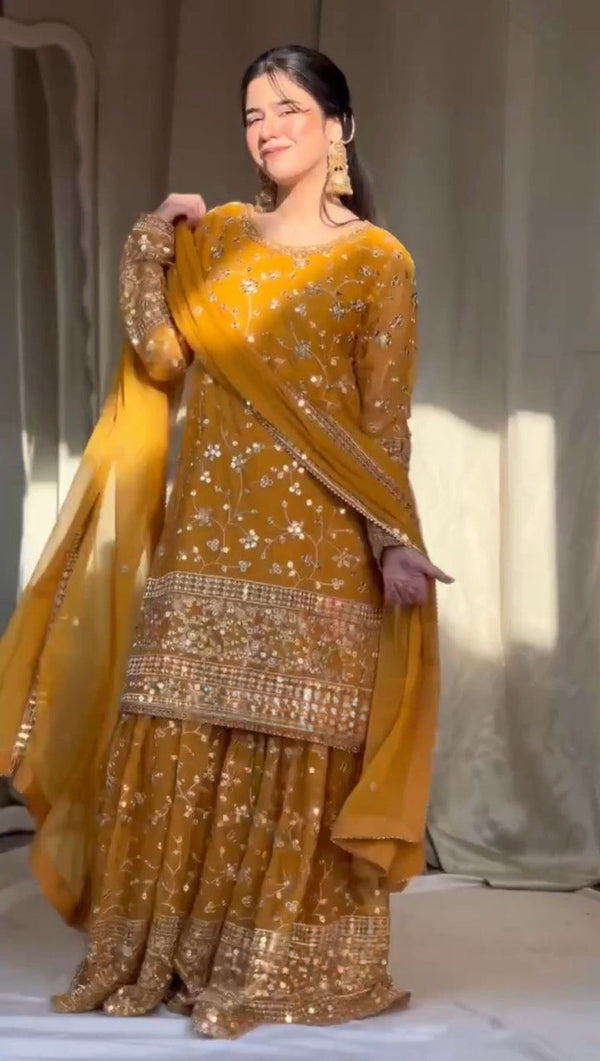 Yellow Blue Color Thread with Sequins Work Sharara Suit
