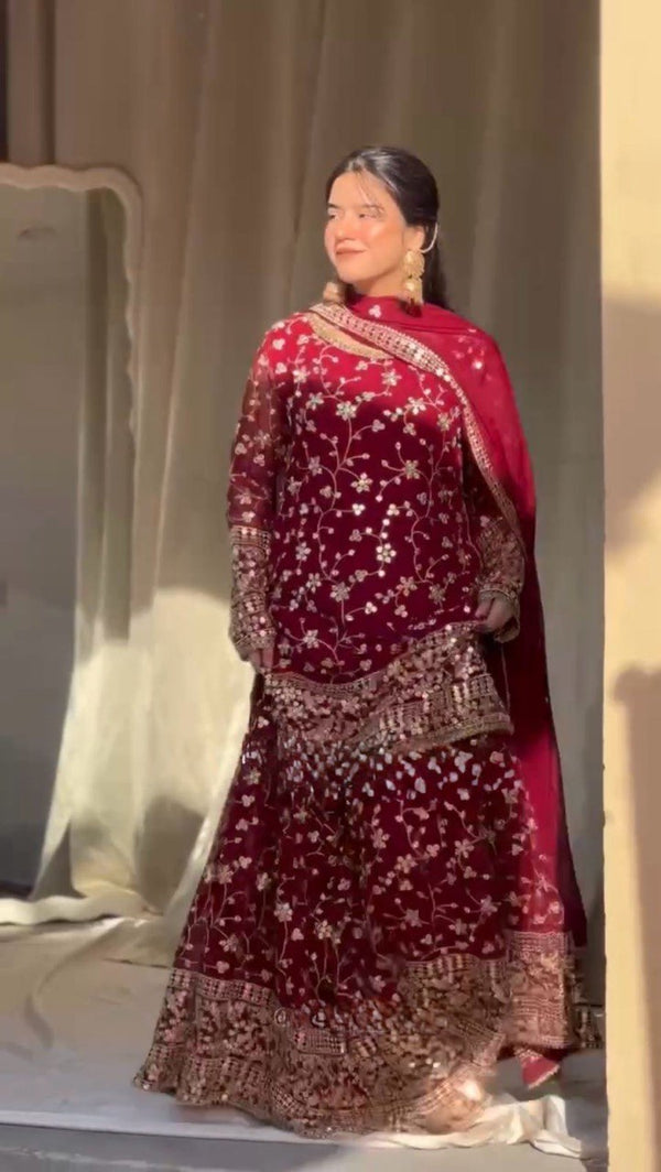 Maroon Color Thread with Sequins Work Sharara Suit