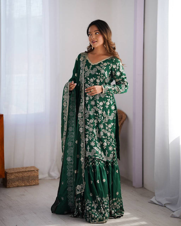 Green Color Thread with Sequins Work Sharara Suit