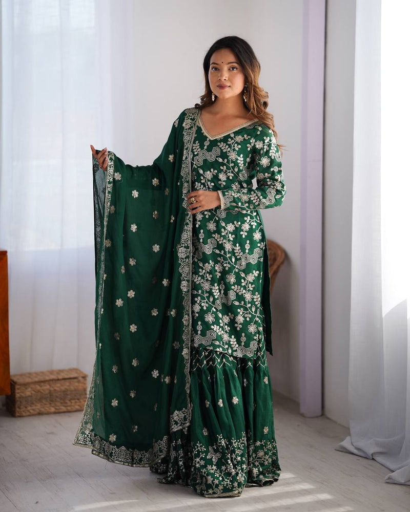 Green Color Thread with Sequins Work Sharara Suit