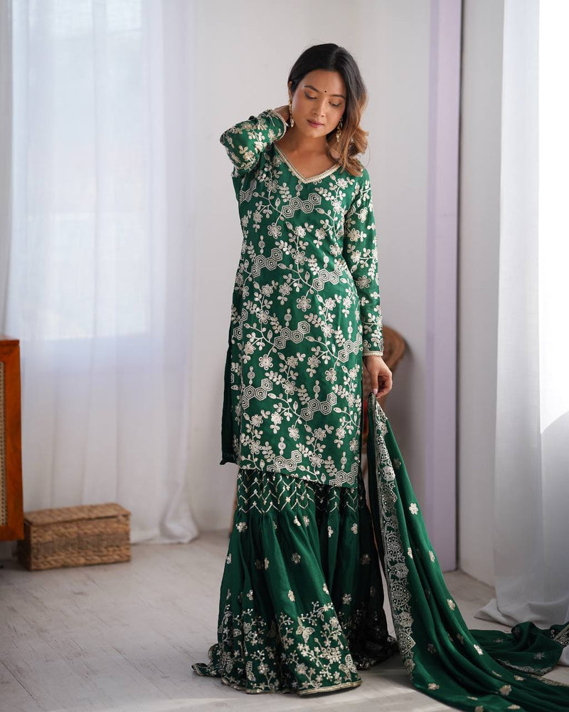 Green Color Thread with Sequins Work Sharara Suit