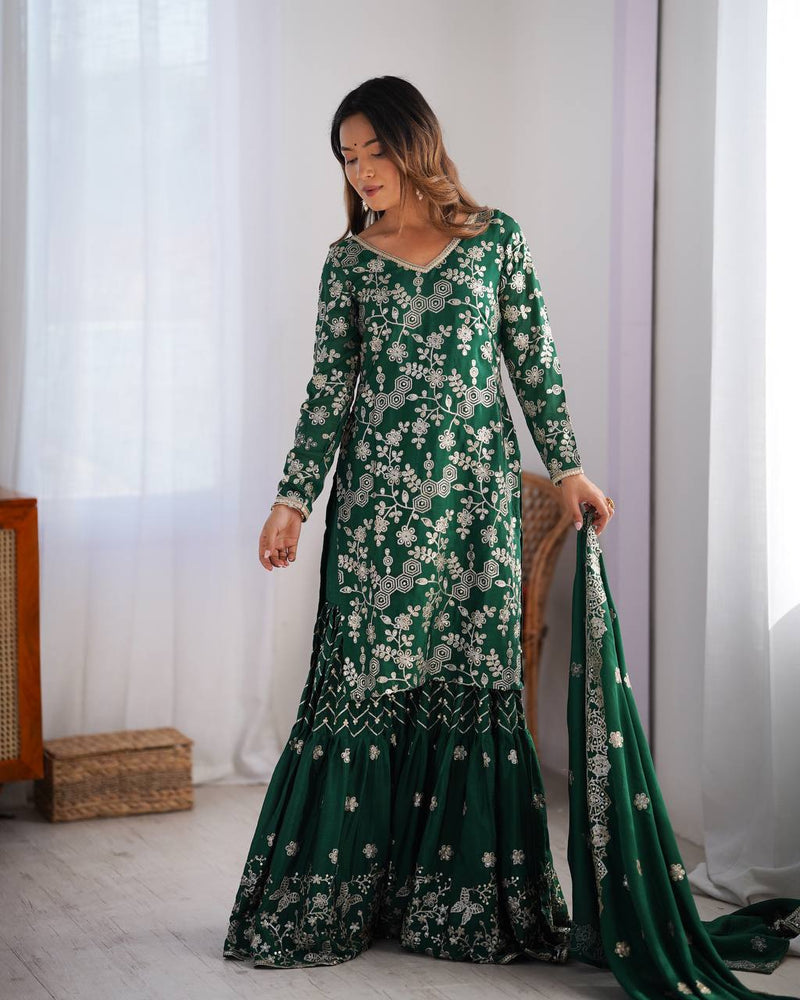 Green Color Thread with Sequins Work Sharara Suit
