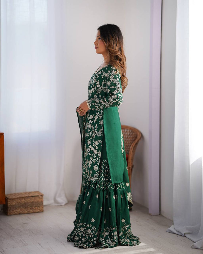 Green Color Thread with Sequins Work Sharara Suit