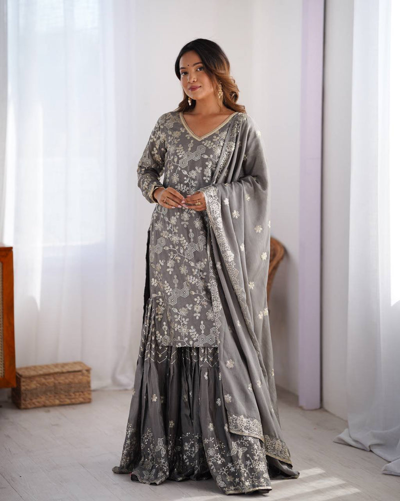 Gray Color Thread with Sequins Work Sharara Suit