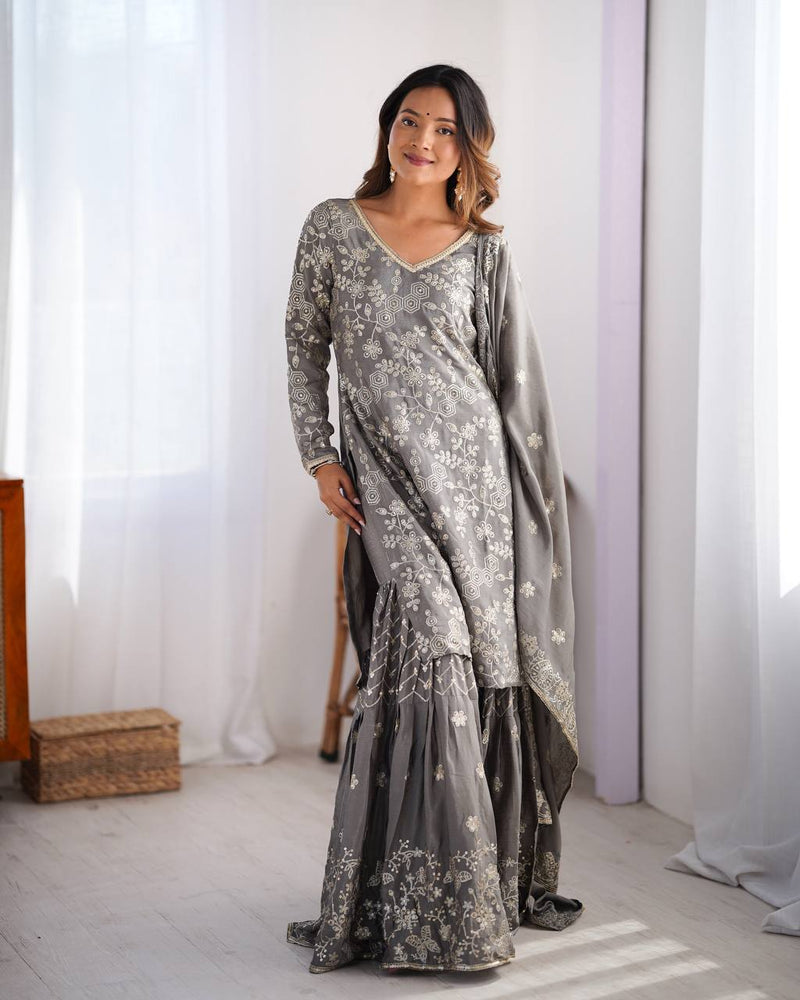 Gray Color Thread with Sequins Work Sharara Suit