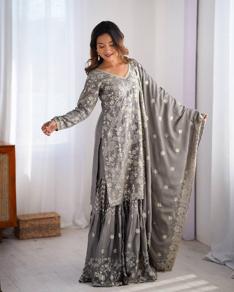 Gray Color Thread with Sequins Work Sharara Suit