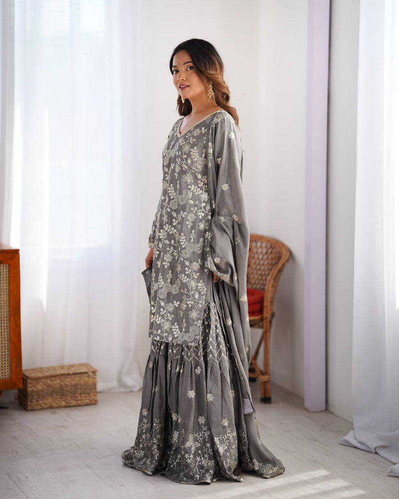 Gray Color Thread with Sequins Work Sharara Suit