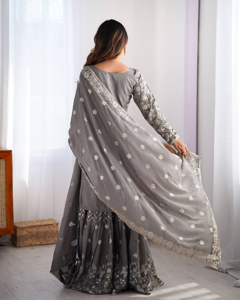 Gray Color Thread with Sequins Work Sharara Suit