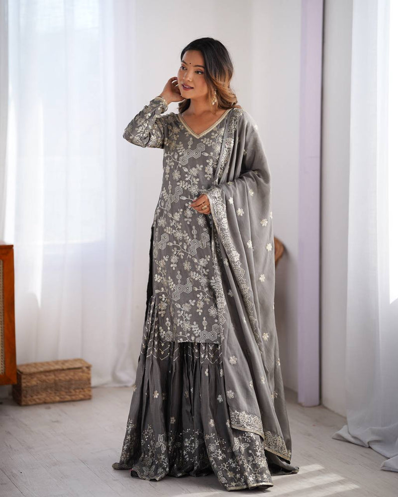 Gray Color Thread with Sequins Work Sharara Suit