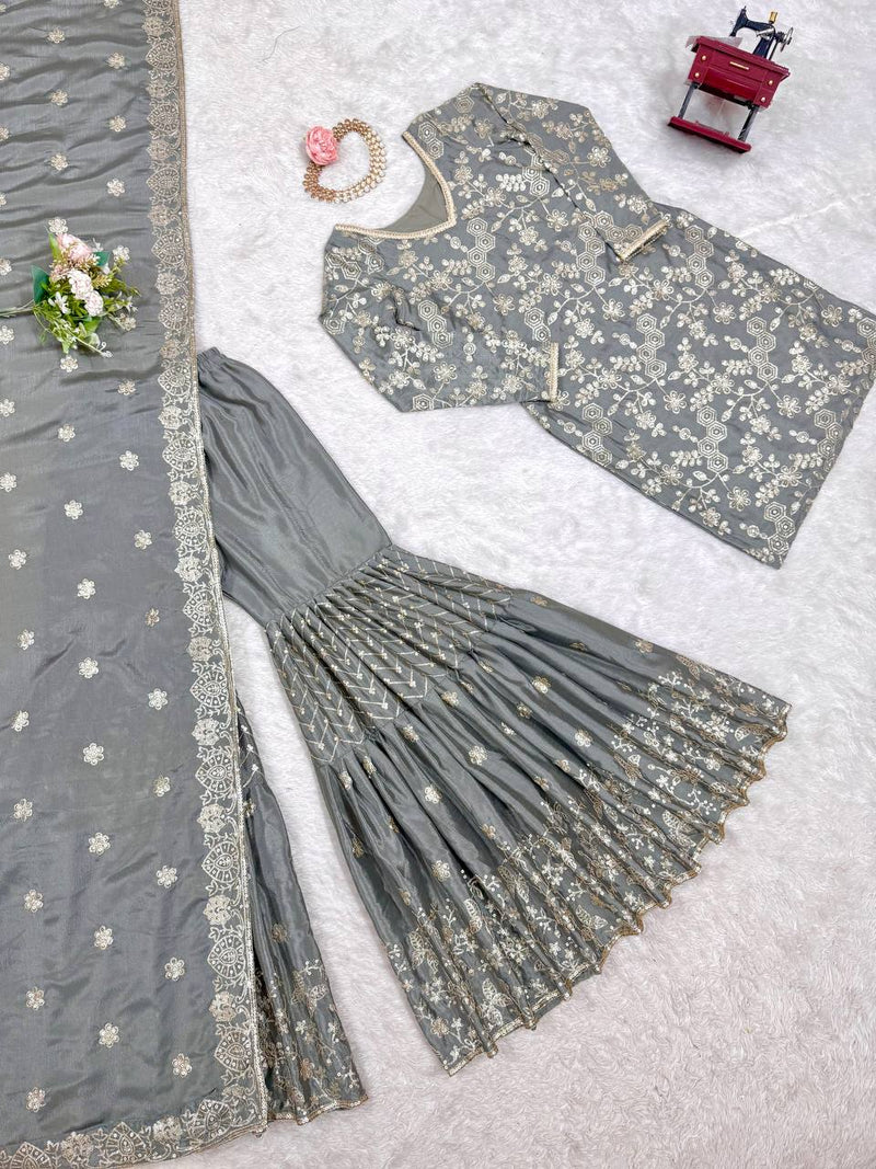 Gray Color Thread with Sequins Work Sharara Suit