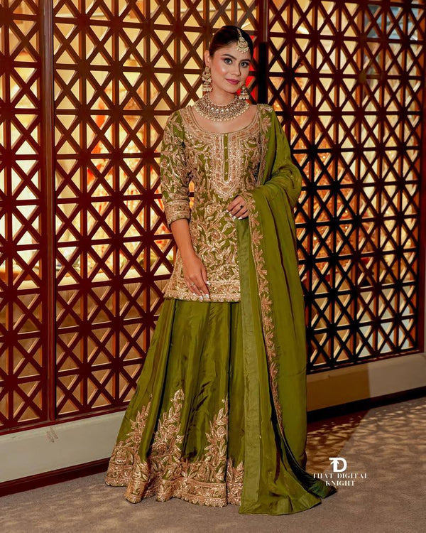 Green Color Codding Sequins Embroidery Work Sharara Suit